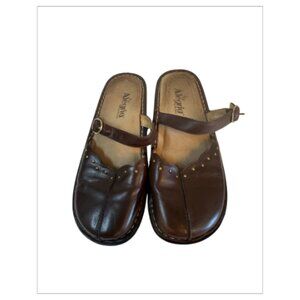 Gently Worn Brown Leather ALEGRIA Slip On Mary Jane Shoes Size 37/6.5 (BB0601)